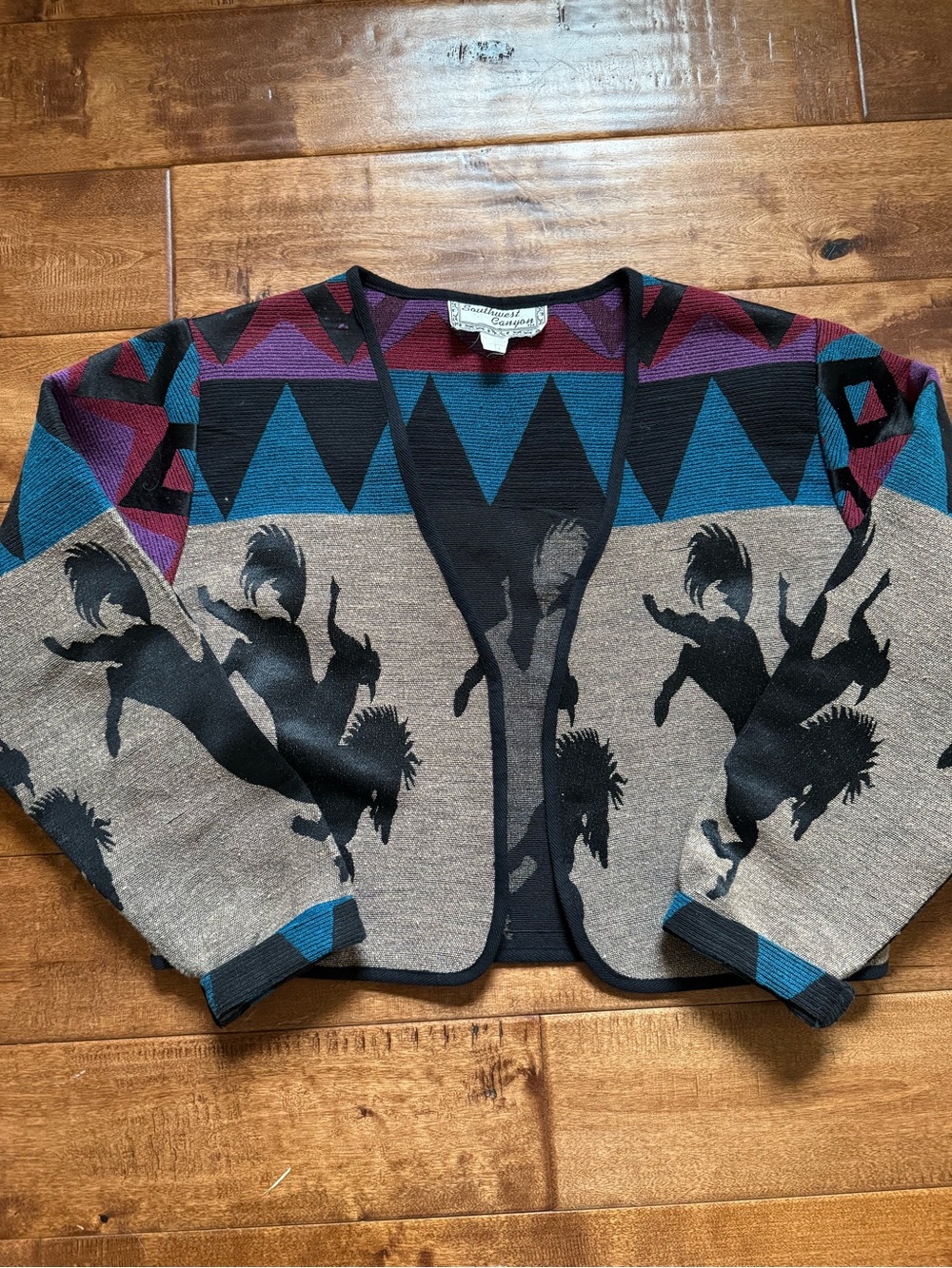 Open-Front Aztec & Silhouette Cropped Cardigan - Teal, Purple & Gray